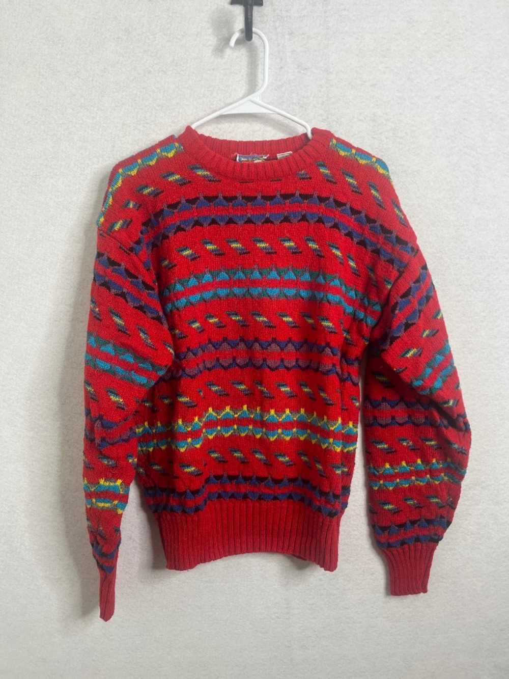 Vintage Nicola Colorful Pattern Knit Sweater Red Geometric Crewneck Size L